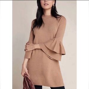 Anthropologie Claudette Metallic Ruffled Sleeved Mock Neck Gold Sweater Dress XS